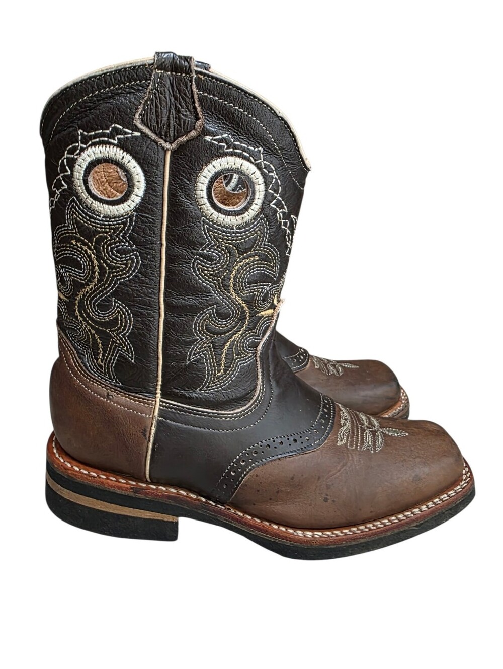 Cowboy Boots Potrero Square Toe Embroidered Brown Leather Mexican Kids Sz 3 1/2